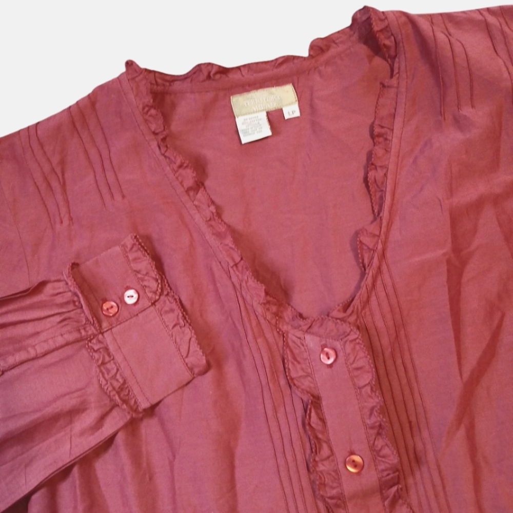 The Territory Ahead Burgundy Button Up Cottage‎ Core Blouse Size Large Petite